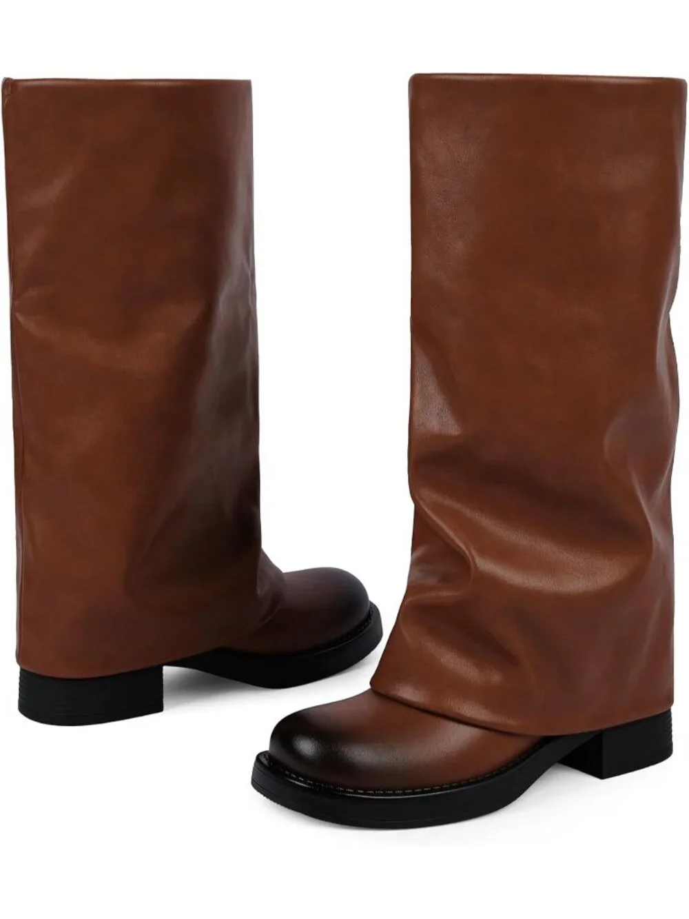 Women's Brown Pu Pointed Toe Chunky Heel Faux Leather Over The Knee High Boots